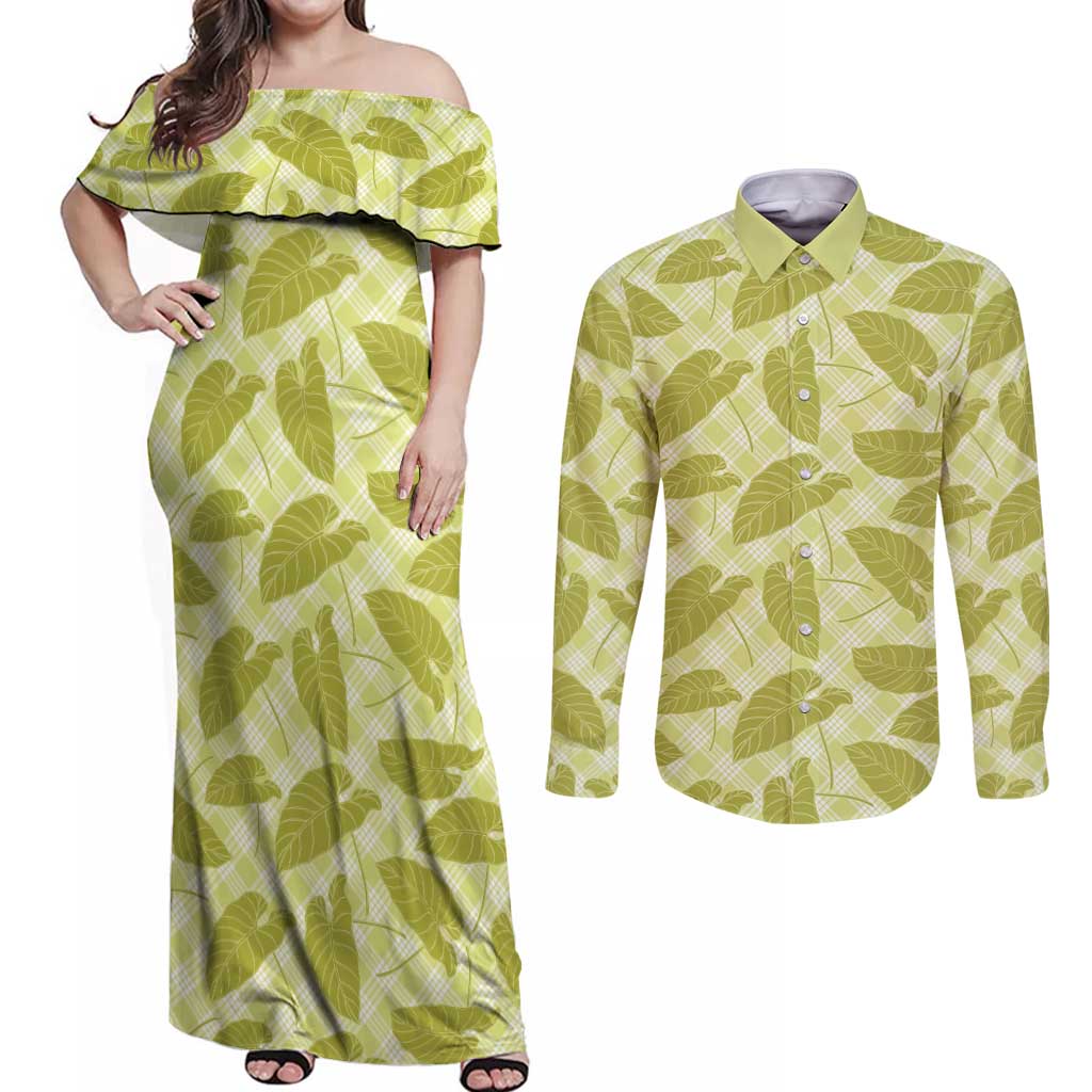 Lime Green Hawaii Kalo Palaka Motifs Couples Matching Off Shoulder Maxi Dress and Long Sleeve Button Shirt Hawaiian Taro Leaves Elegant Vibes - Polynesian Pride