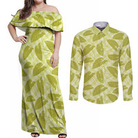 Lime Green Hawaii Kalo Palaka Motifs Couples Matching Off Shoulder Maxi Dress and Long Sleeve Button Shirt Hawaiian Taro Leaves Elegant Vibes - Polynesian Pride