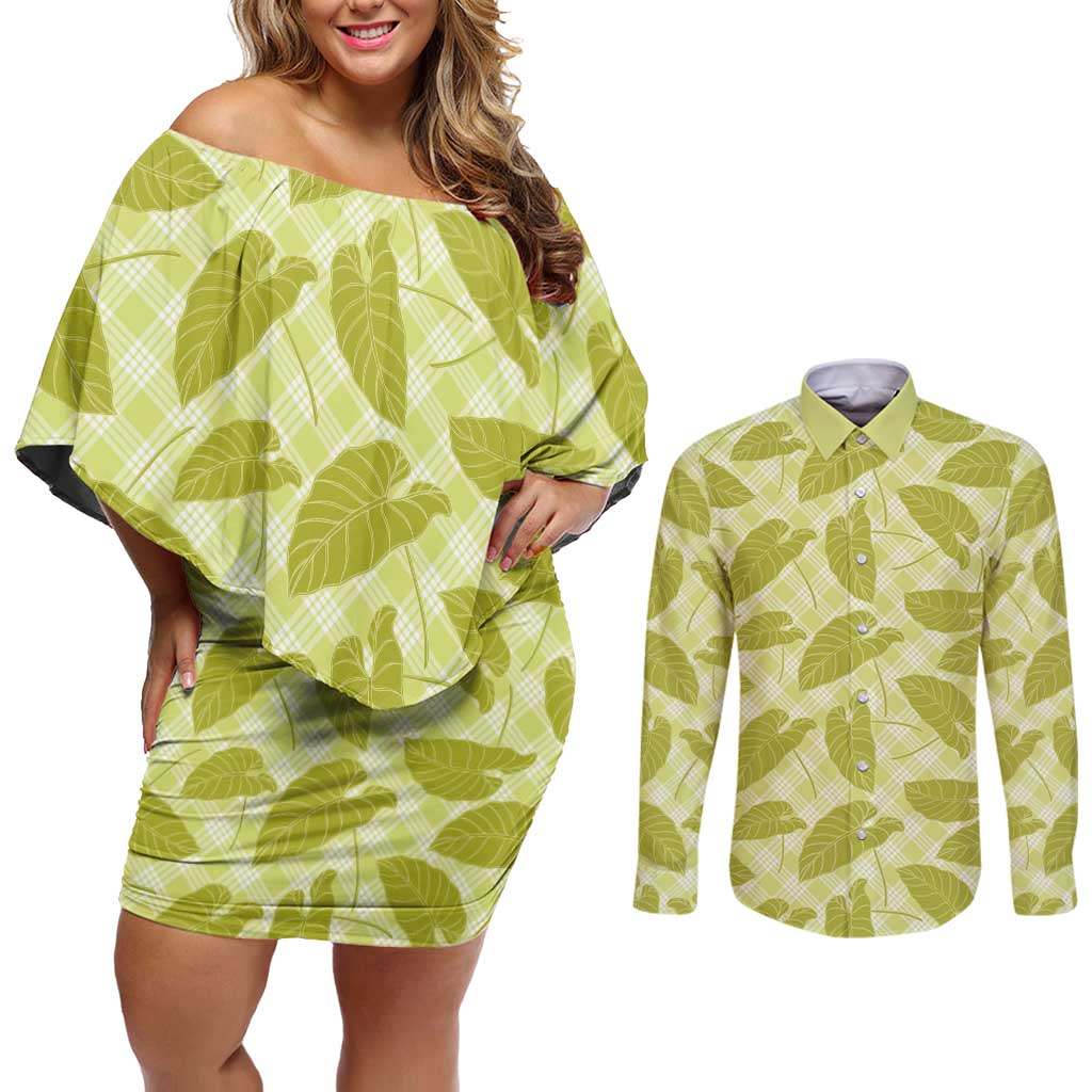 Lime Green Hawaii Kalo Palaka Motifs Couples Matching Off Shoulder Short Dress and Long Sleeve Button Shirt Hawaiian Taro Leaves Elegant Vibes - Polynesian Pride