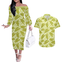 Lime Green Hawaii Kalo Palaka Motifs Couples Matching Off The Shoulder Long Sleeve Dress and Hawaiian Shirt Hawaiian Taro Leaves Elegant Vibes - Polynesian Pride