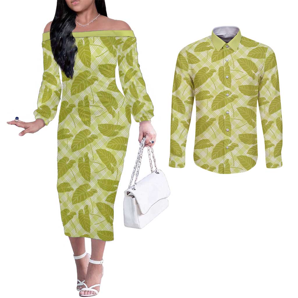 Lime Green Hawaii Kalo Palaka Motifs Couples Matching Off The Shoulder Long Sleeve Dress and Long Sleeve Button Shirt Hawaiian Taro Leaves Elegant Vibes - Polynesian Pride