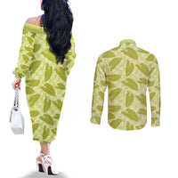 Lime Green Hawaii Kalo Palaka Motifs Couples Matching Off The Shoulder Long Sleeve Dress and Long Sleeve Button Shirt Hawaiian Taro Leaves Elegant Vibes - Polynesian Pride