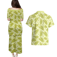 Lime Green Hawaii Kalo Palaka Motifs Couples Matching Puletasi and Hawaiian Shirt Hawaiian Taro Leaves Elegant Vibes - Polynesian Pride