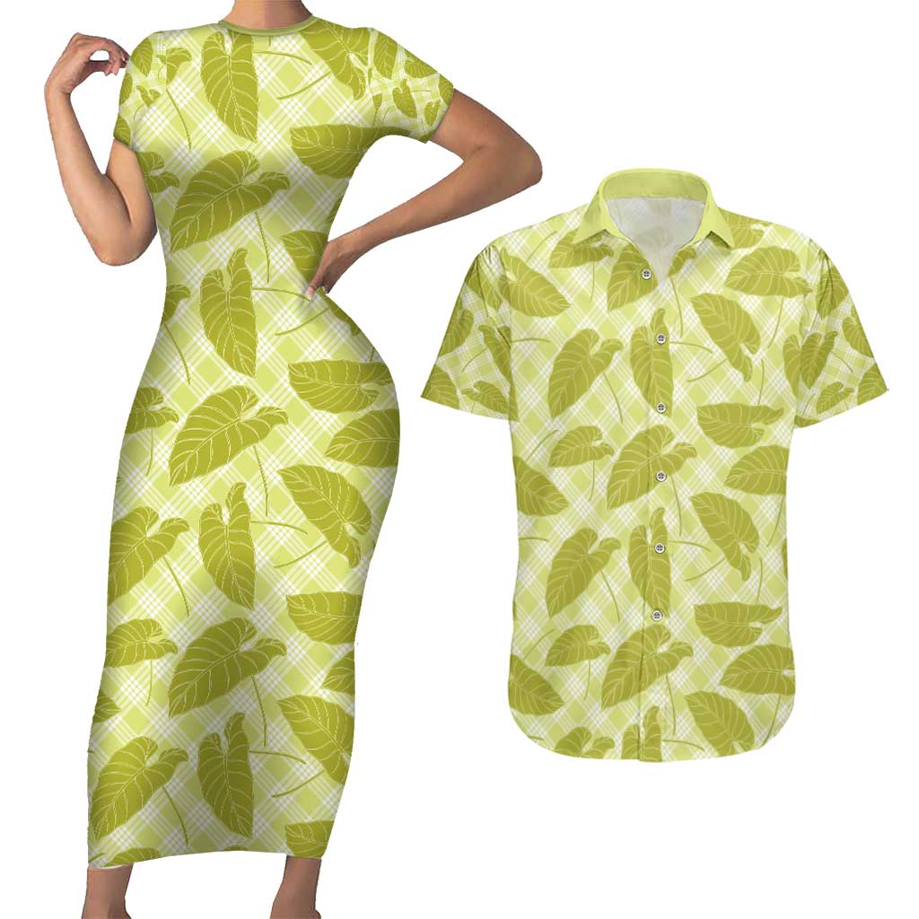 Lime Green Hawaii Kalo Palaka Motifs Couples Matching Short Sleeve Bodycon Dress and Hawaiian Shirt Hawaiian Taro Leaves Elegant Vibes - Polynesian Pride
