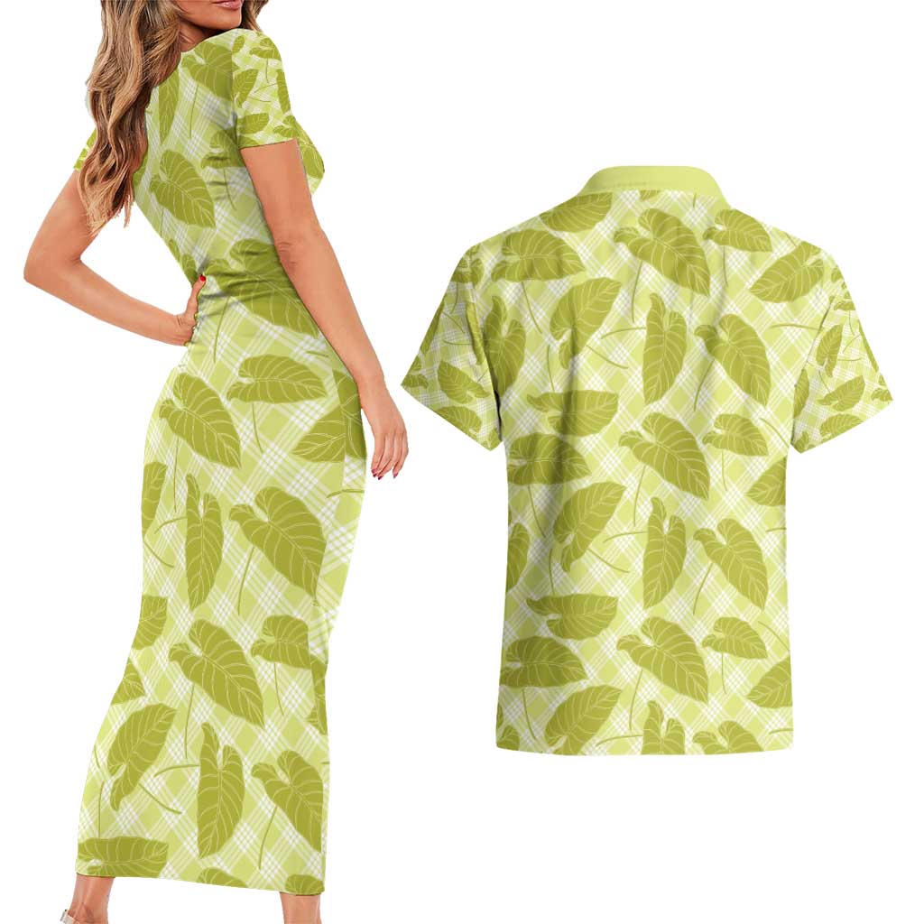 Lime Green Hawaii Kalo Palaka Motifs Couples Matching Short Sleeve Bodycon Dress and Hawaiian Shirt Hawaiian Taro Leaves Elegant Vibes - Polynesian Pride