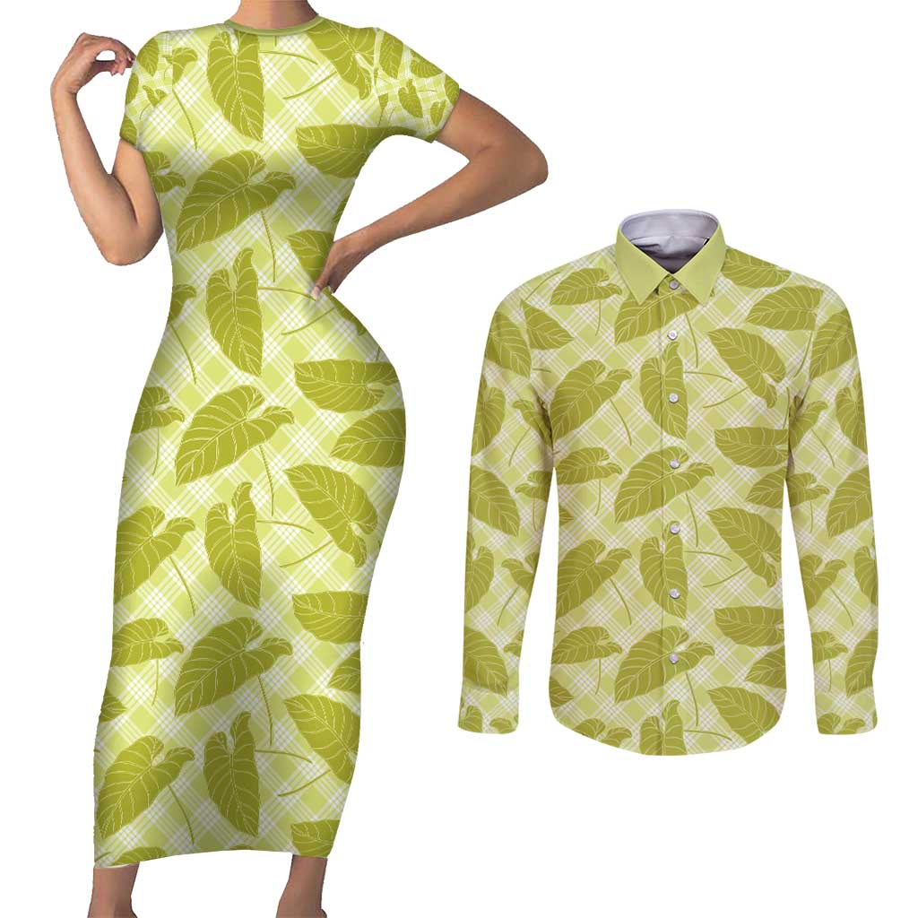 Lime Green Hawaii Kalo Palaka Motifs Couples Matching Short Sleeve Bodycon Dress and Long Sleeve Button Shirt Hawaiian Taro Leaves Elegant Vibes - Polynesian Pride