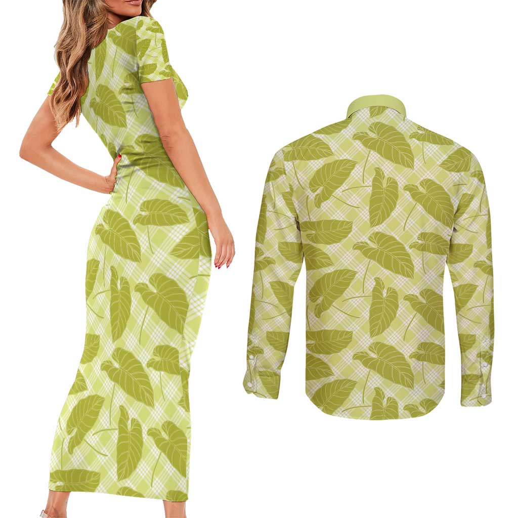Lime Green Hawaii Kalo Palaka Motifs Couples Matching Short Sleeve Bodycon Dress and Long Sleeve Button Shirt Hawaiian Taro Leaves Elegant Vibes - Polynesian Pride