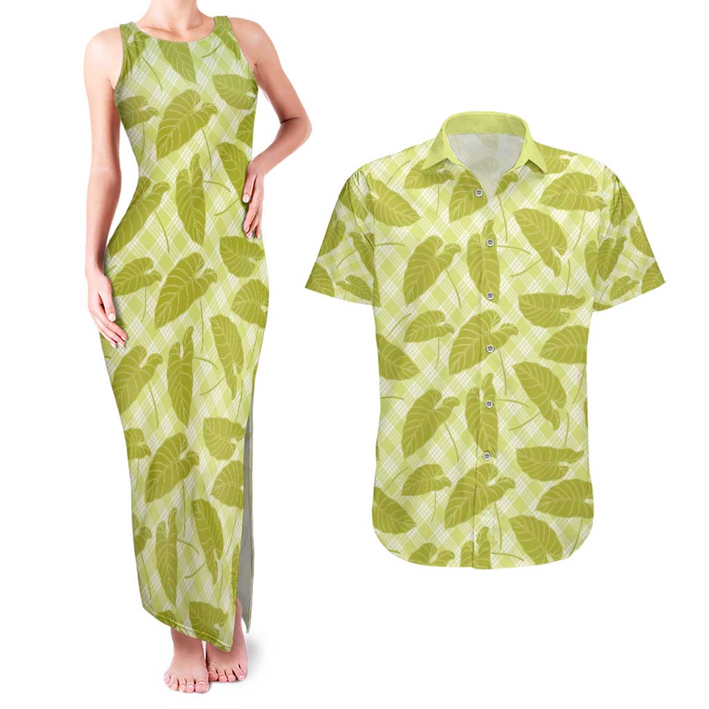 Lime Green Hawaii Kalo Palaka Motifs Couples Matching Tank Maxi Dress and Hawaiian Shirt Hawaiian Taro Leaves Elegant Vibes - Polynesian Pride