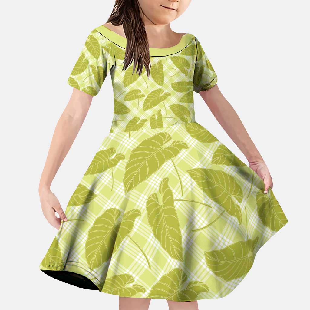 Lime Green Hawaii Kalo Palaka Motifs Family Matching Long Sleeve Bodycon Dress and Hawaiian Shirt Hawaiian Taro Leaves Elegant Vibes - Polynesian Pride