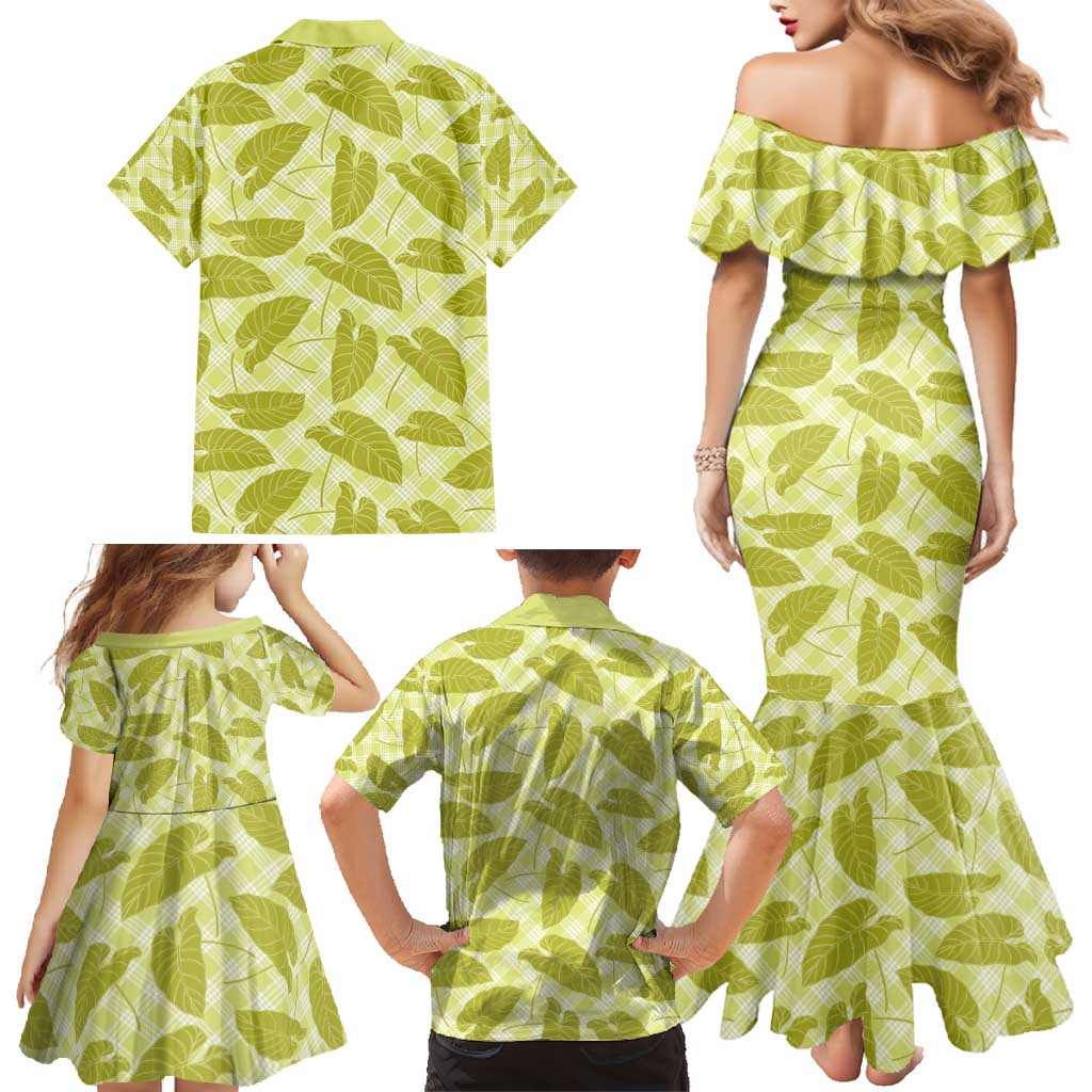 Lime Green Hawaii Kalo Palaka Motifs Family Matching Mermaid Dress and Hawaiian Shirt Hawaiian Taro Leaves Elegant Vibes - Polynesian Pride