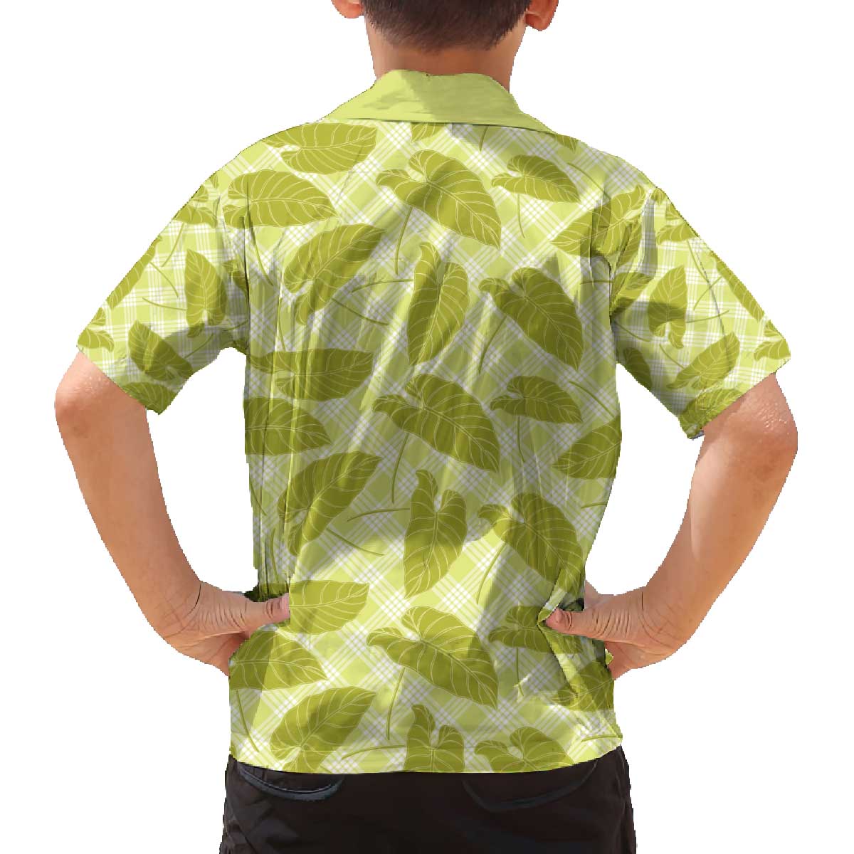 Lime Green Hawaii Kalo Palaka Motifs Family Matching Off The Shoulder Long Sleeve Dress and Hawaiian Shirt Hawaiian Taro Leaves Elegant Vibes - Polynesian Pride