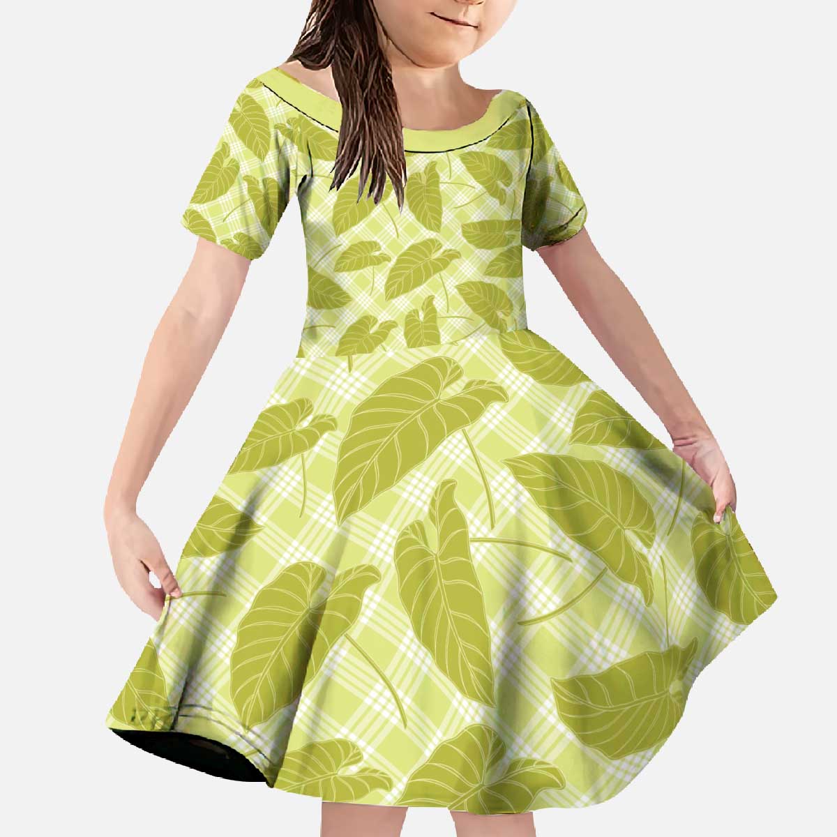 Lime Green Hawaii Kalo Palaka Motifs Family Matching Off The Shoulder Long Sleeve Dress and Hawaiian Shirt Hawaiian Taro Leaves Elegant Vibes - Polynesian Pride