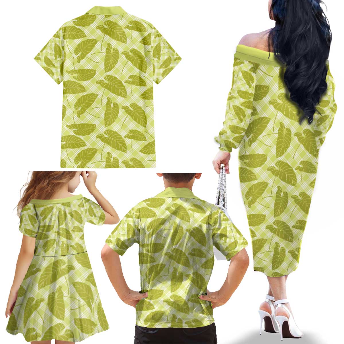 Lime Green Hawaii Kalo Palaka Motifs Family Matching Off The Shoulder Long Sleeve Dress and Hawaiian Shirt Hawaiian Taro Leaves Elegant Vibes - Polynesian Pride