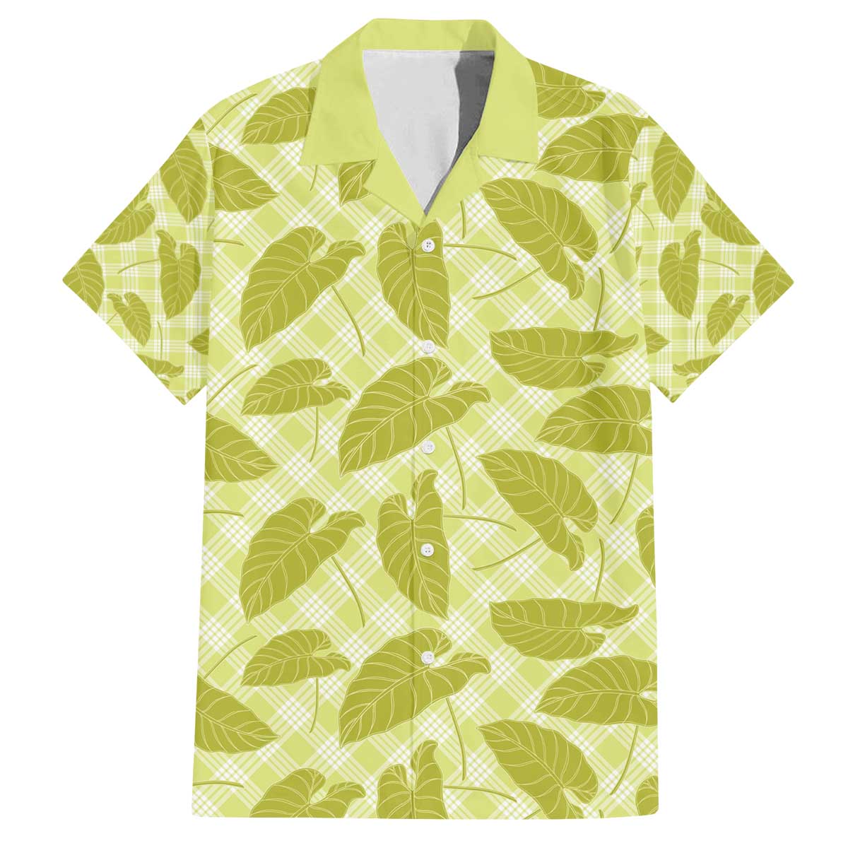 Lime Green Hawaii Kalo Palaka Motifs Family Matching Off The Shoulder Long Sleeve Dress and Hawaiian Shirt Hawaiian Taro Leaves Elegant Vibes - Polynesian Pride