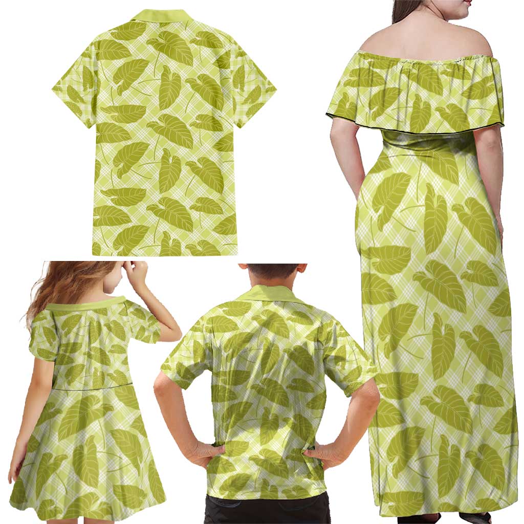 Lime Green Hawaii Kalo Palaka Motifs Family Matching Off Shoulder Maxi Dress and Hawaiian Shirt Hawaiian Taro Leaves Elegant Vibes - Polynesian Pride