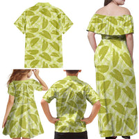 Lime Green Hawaii Kalo Palaka Motifs Family Matching Off Shoulder Maxi Dress and Hawaiian Shirt Hawaiian Taro Leaves Elegant Vibes - Polynesian Pride