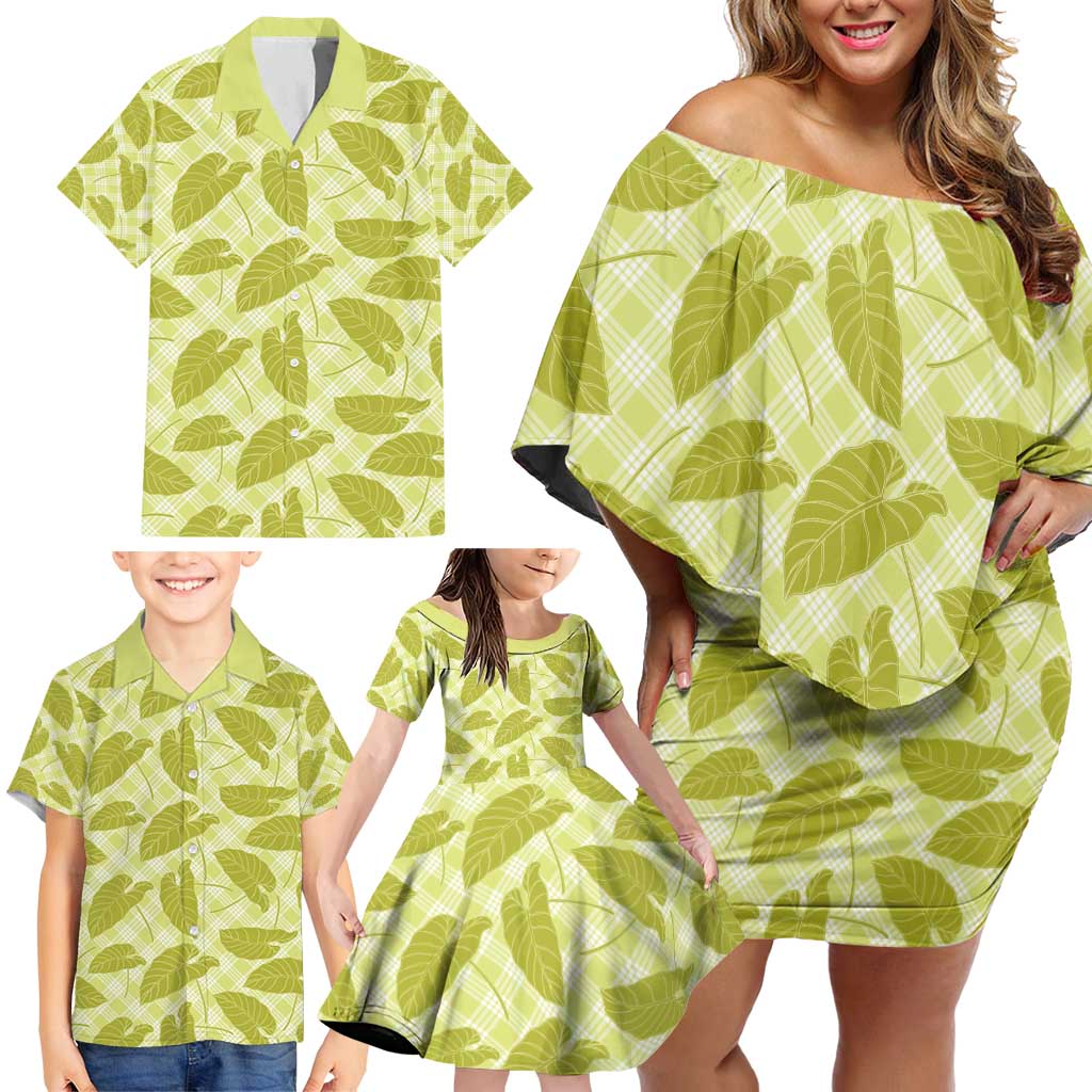 Lime Green Hawaii Kalo Palaka Motifs Family Matching Off Shoulder Short Dress and Hawaiian Shirt Hawaiian Taro Leaves Elegant Vibes - Polynesian Pride