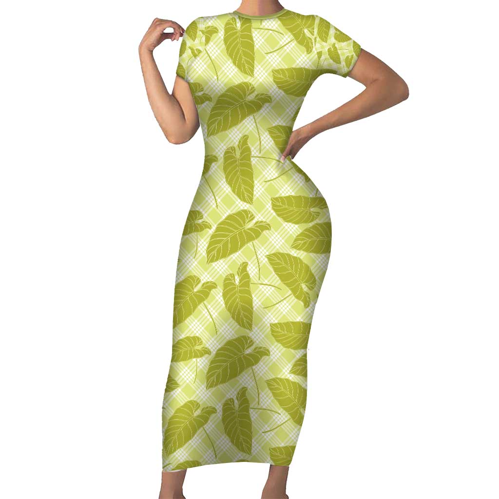 Lime Green Hawaii Kalo Palaka Motifs Family Matching Short Sleeve Bodycon Dress and Hawaiian Shirt Hawaiian Taro Leaves Elegant Vibes - Polynesian Pride