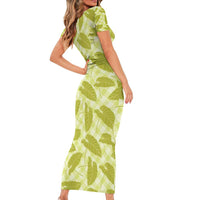 Lime Green Hawaii Kalo Palaka Motifs Family Matching Short Sleeve Bodycon Dress and Hawaiian Shirt Hawaiian Taro Leaves Elegant Vibes - Polynesian Pride