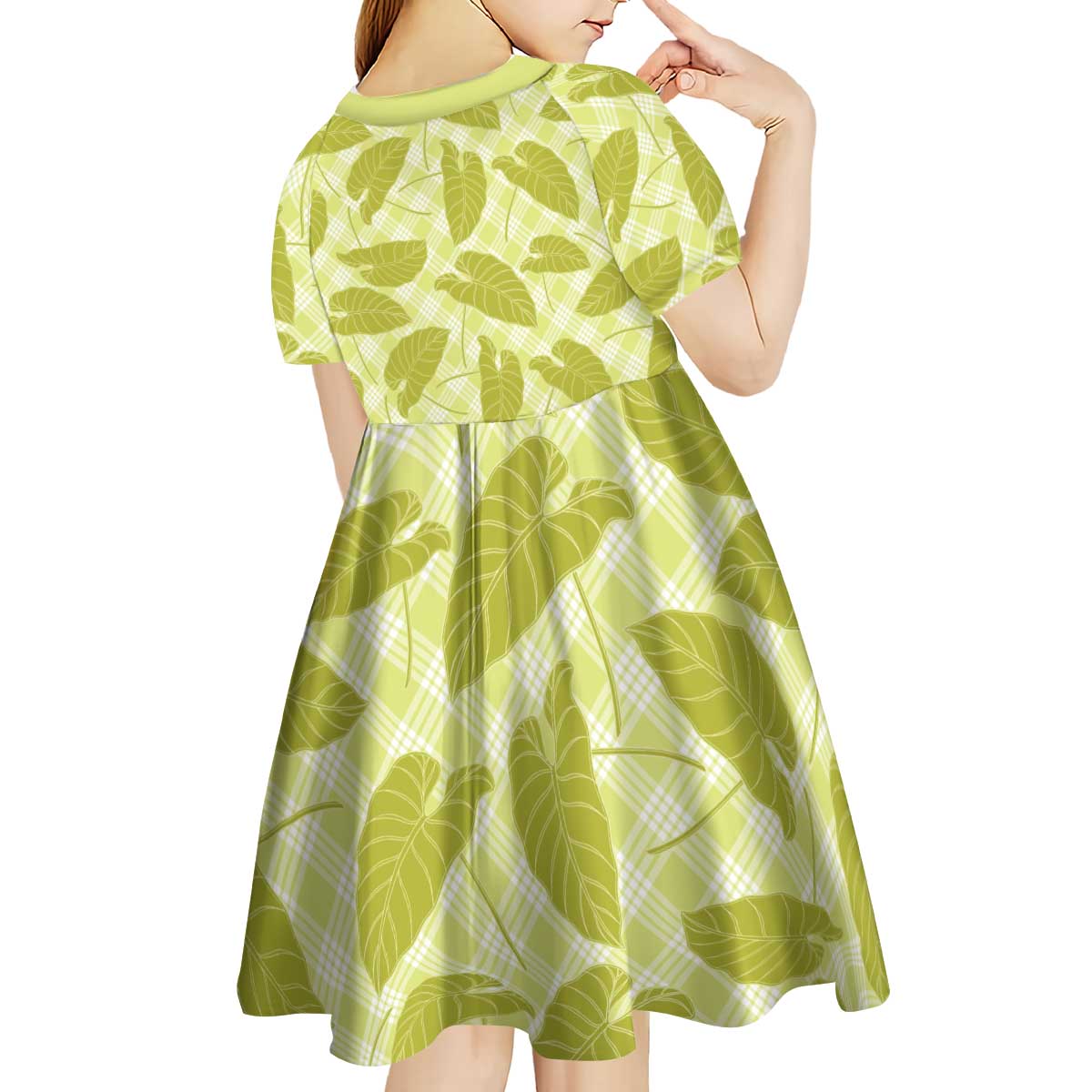 Lime Green Hawaii Kalo Palaka Motifs Kid Short Sleeve Dress Hawaiian Taro Leaves Elegant Vibes - Polynesian Pride