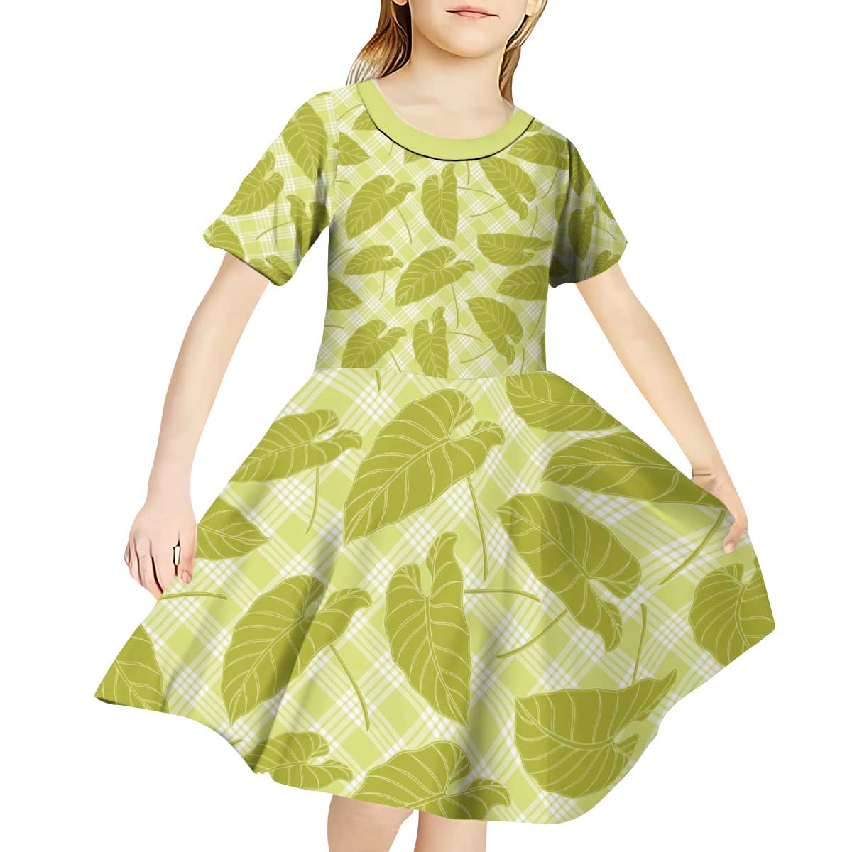 Lime Green Hawaii Kalo Palaka Motifs Kid Short Sleeve Dress Hawaiian Taro Leaves Elegant Vibes - Polynesian Pride