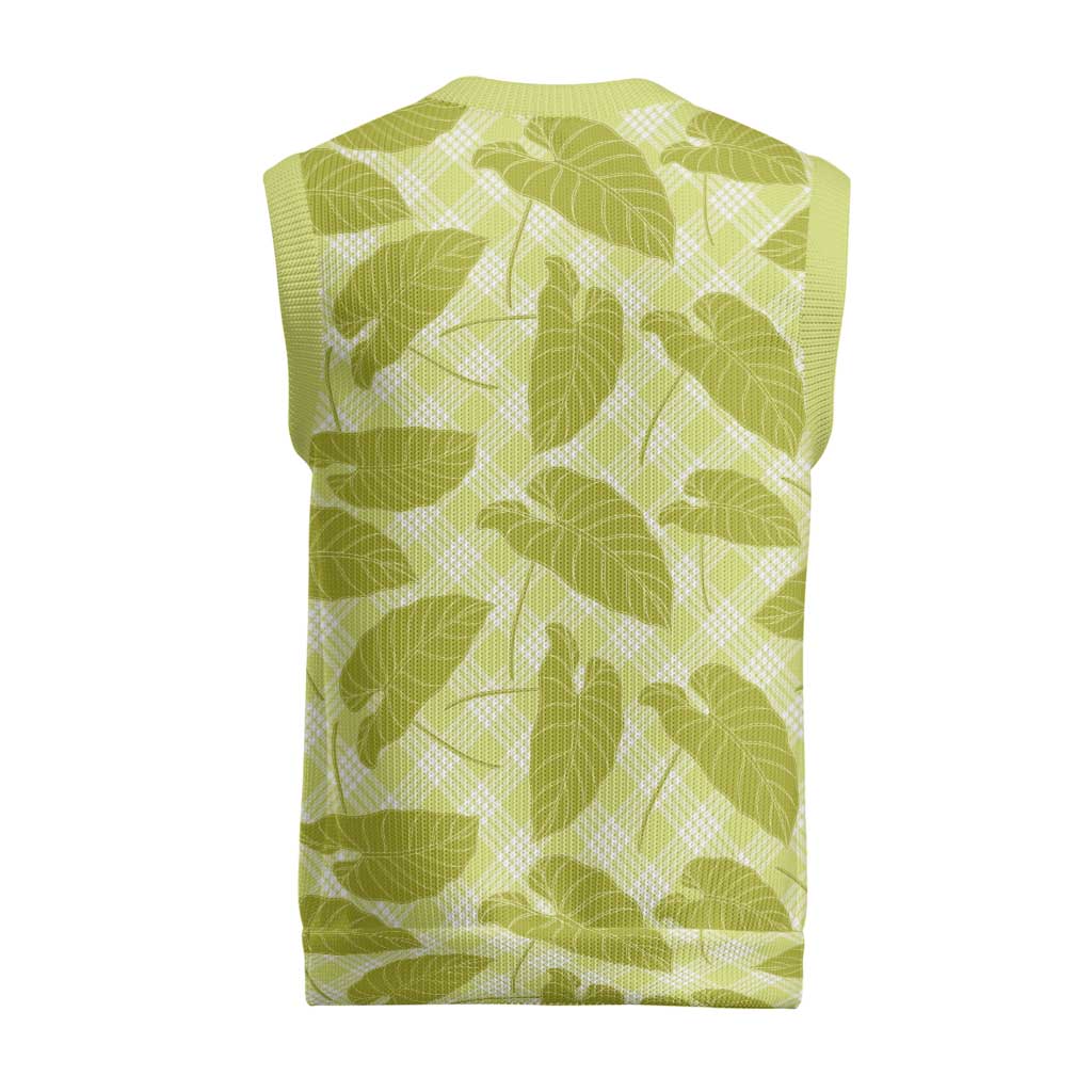 Lime Green Hawaii Kalo Palaka Motifs Christmas Knitted V-Neck Vest Hawaiian Taro Leaves Elegant Vibes - Polynesian Pride