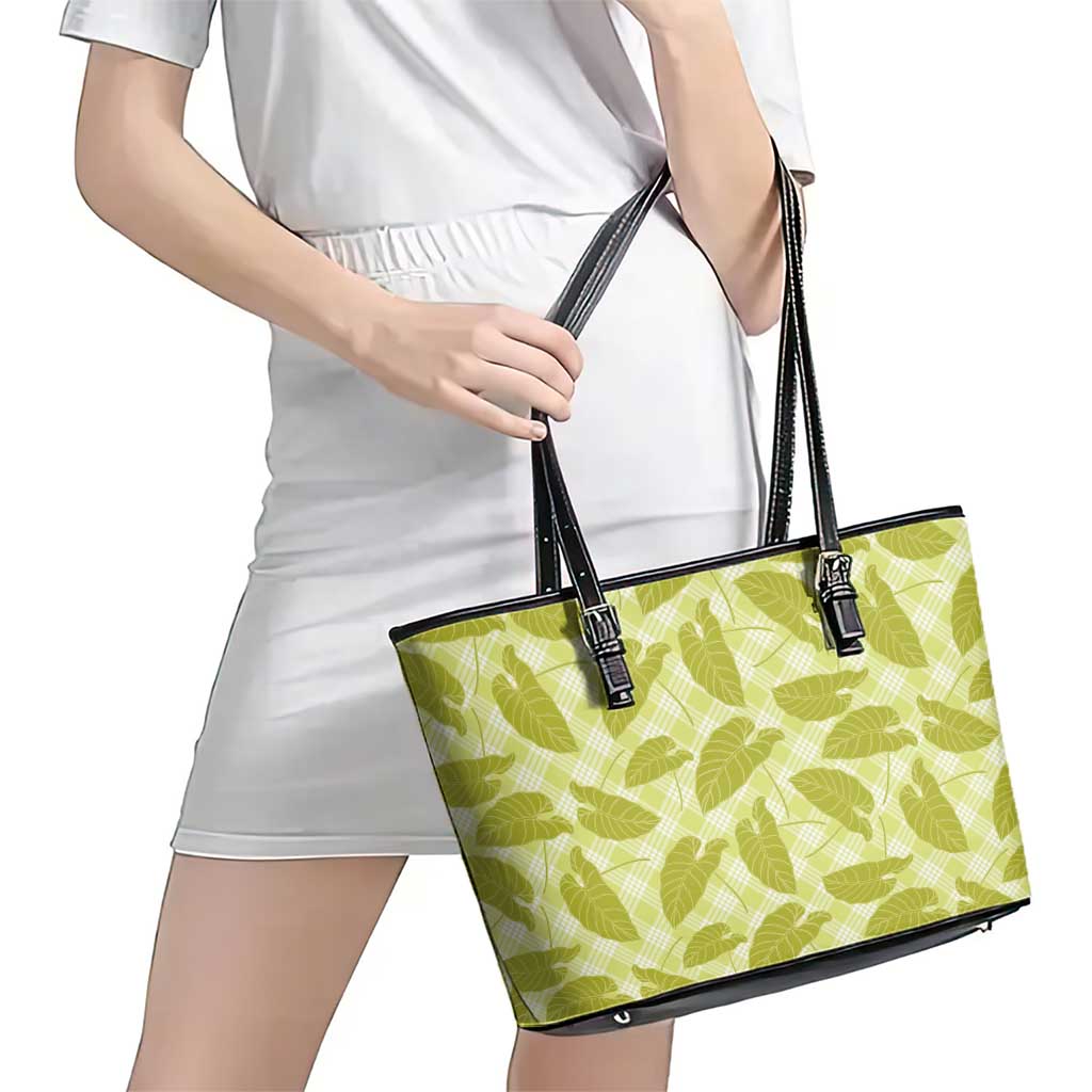 Lime Green Hawaii Kalo Palaka Motifs Leather Tote Bag Hawaiian Taro Leaves Elegant Vibes - Polynesian Pride
