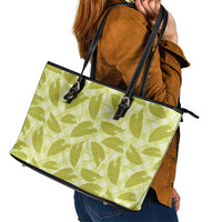 Lime Green Hawaii Kalo Palaka Motifs Leather Tote Bag Hawaiian Taro Leaves Elegant Vibes - Polynesian Pride