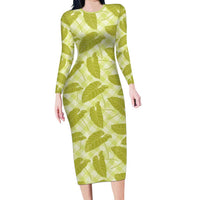 Lime Green Hawaii Kalo Palaka Motifs Long Sleeve Bodycon Dress Hawaiian Taro Leaves Elegant Vibes - Polynesian Pride