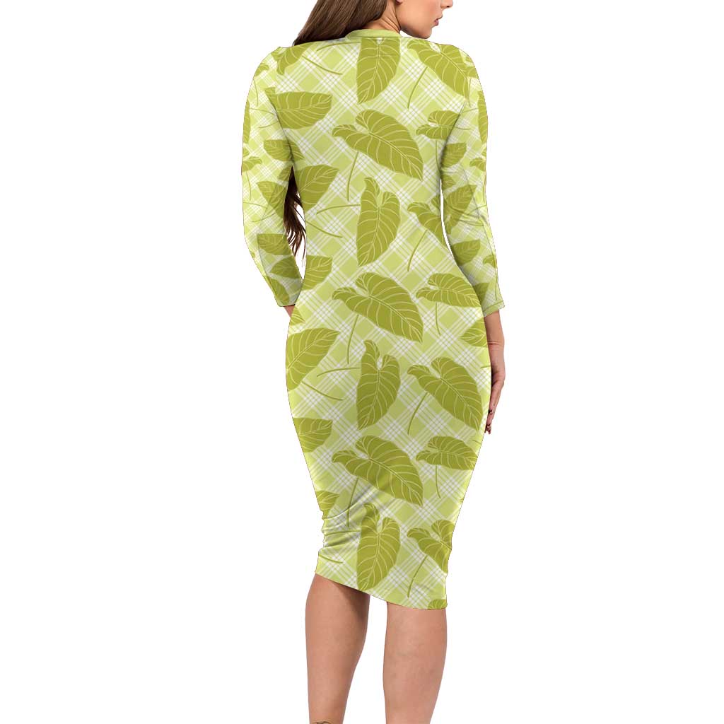 Lime Green Hawaii Kalo Palaka Motifs Long Sleeve Bodycon Dress Hawaiian Taro Leaves Elegant Vibes - Polynesian Pride