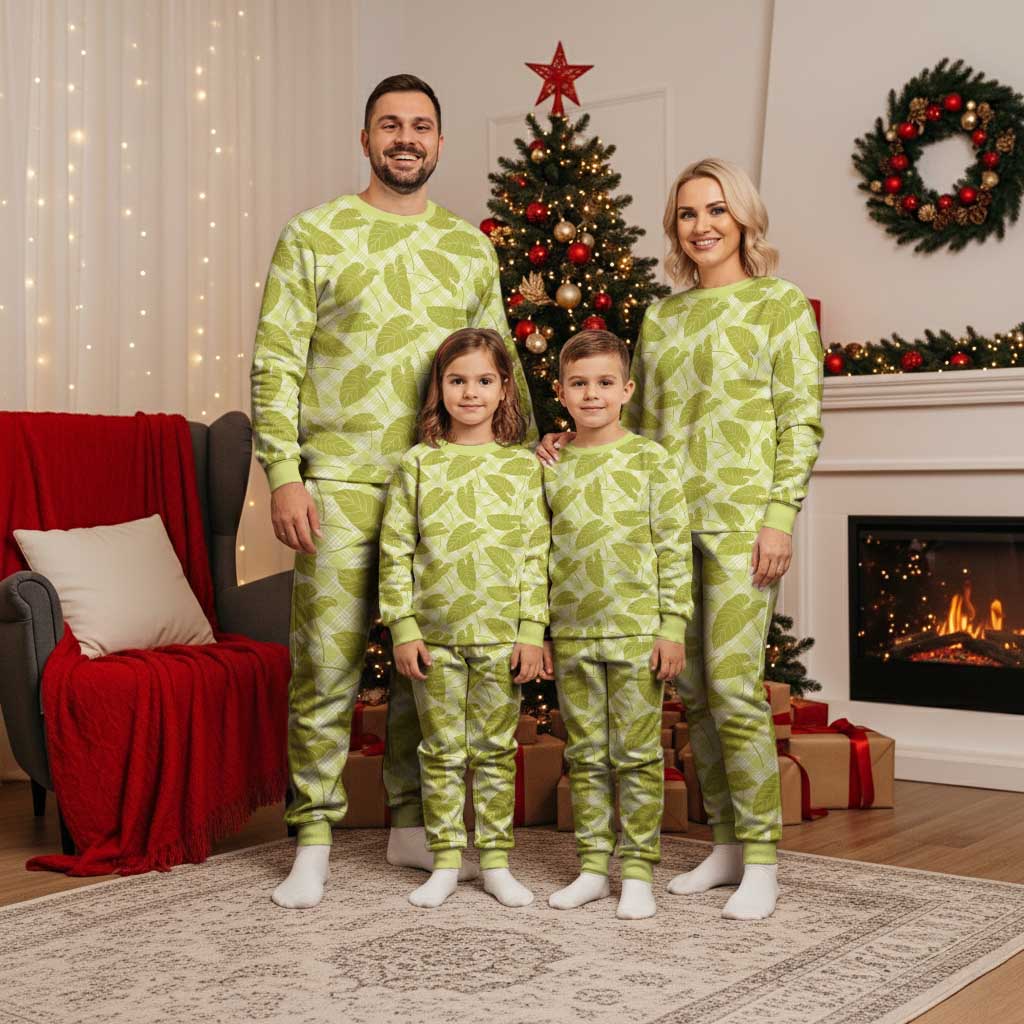 Lime Green Hawaii Kalo Palaka Motifs Christmas Pajama Set Hawaiian Taro Leaves Elegant Vibes - Polynesian Pride
