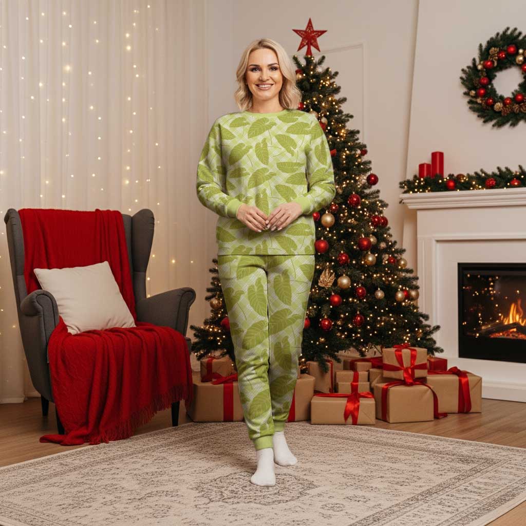 Lime Green Hawaii Kalo Palaka Motifs Christmas Pajama Set Hawaiian Taro Leaves Elegant Vibes - Polynesian Pride