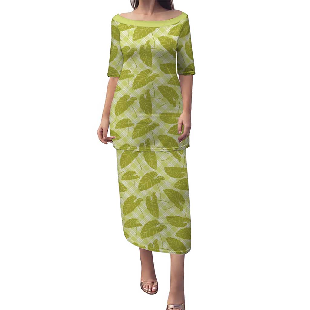 Lime Green Hawaii Kalo Palaka Motifs Puletasi Hawaiian Taro Leaves Elegant Vibes - Polynesian Pride