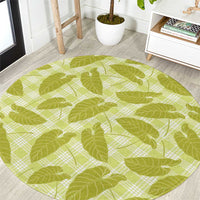 Lime Green Hawaii Kalo Palaka Motifs Round Carpet Hawaiian Taro Leaves Elegant Vibes - Polynesian Pride