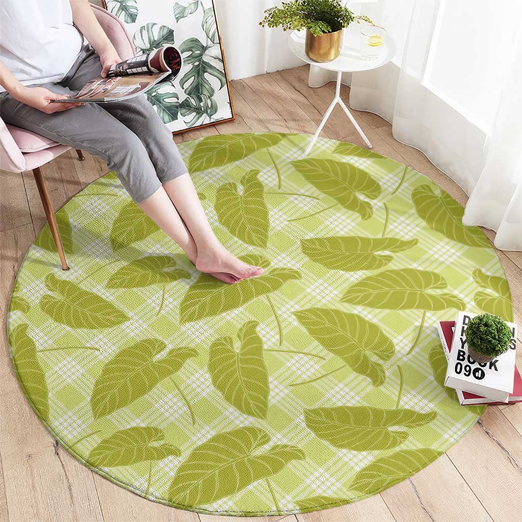 Lime Green Hawaii Kalo Palaka Motifs Round Carpet Hawaiian Taro Leaves Elegant Vibes - Polynesian Pride