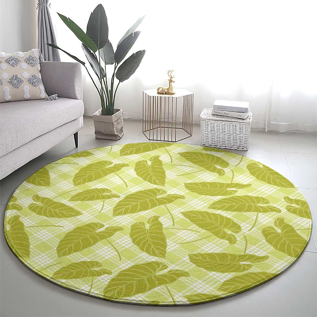 Lime Green Hawaii Kalo Palaka Motifs Round Carpet Hawaiian Taro Leaves Elegant Vibes - Polynesian Pride
