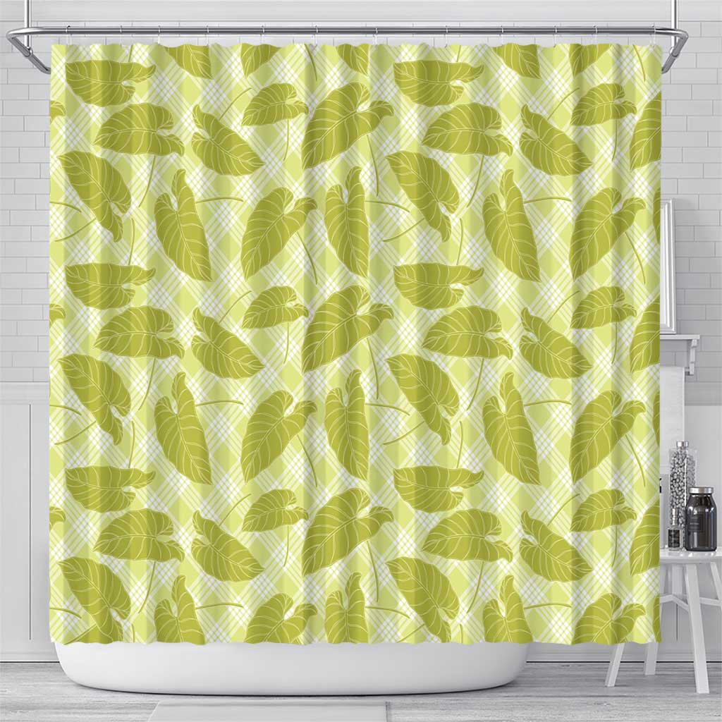 Lime Green Hawaii Kalo Palaka Motifs Shower Curtain Hawaiian Taro Leaves Elegant Vibes - Polynesian Pride
