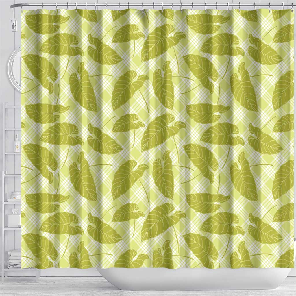 Lime Green Hawaii Kalo Palaka Motifs Shower Curtain Hawaiian Taro Leaves Elegant Vibes - Polynesian Pride