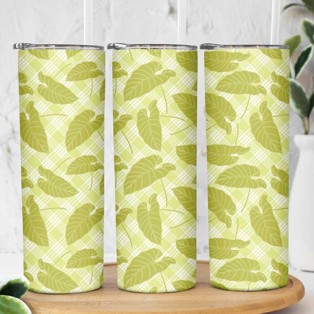 Lime Green Hawaii Kalo Palaka Motifs Skinny Tumbler Hawaiian Taro Leaves Elegant Vibes - Polynesian Pride