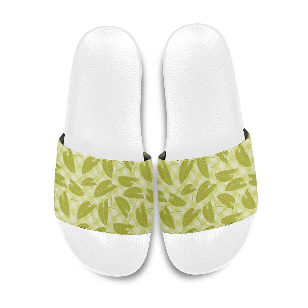Lime Green Hawaii Kalo Palaka Motifs Slide Sandals Hawaiian Taro Leaves Elegant Vibes - Polynesian Pride