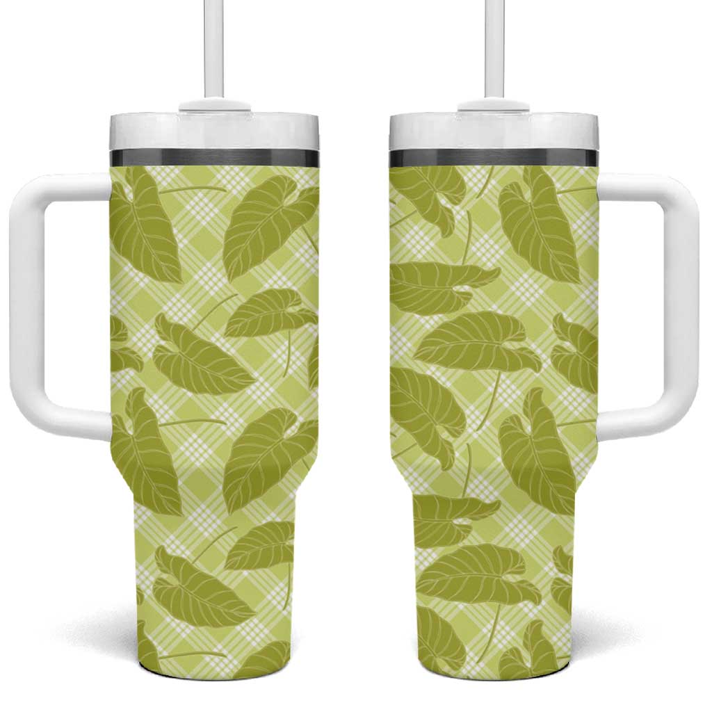 Lime Green Hawaii Kalo Palaka Motifs Tumbler With Handle Hawaiian Taro Leaves Elegant Vibes - Polynesian Pride