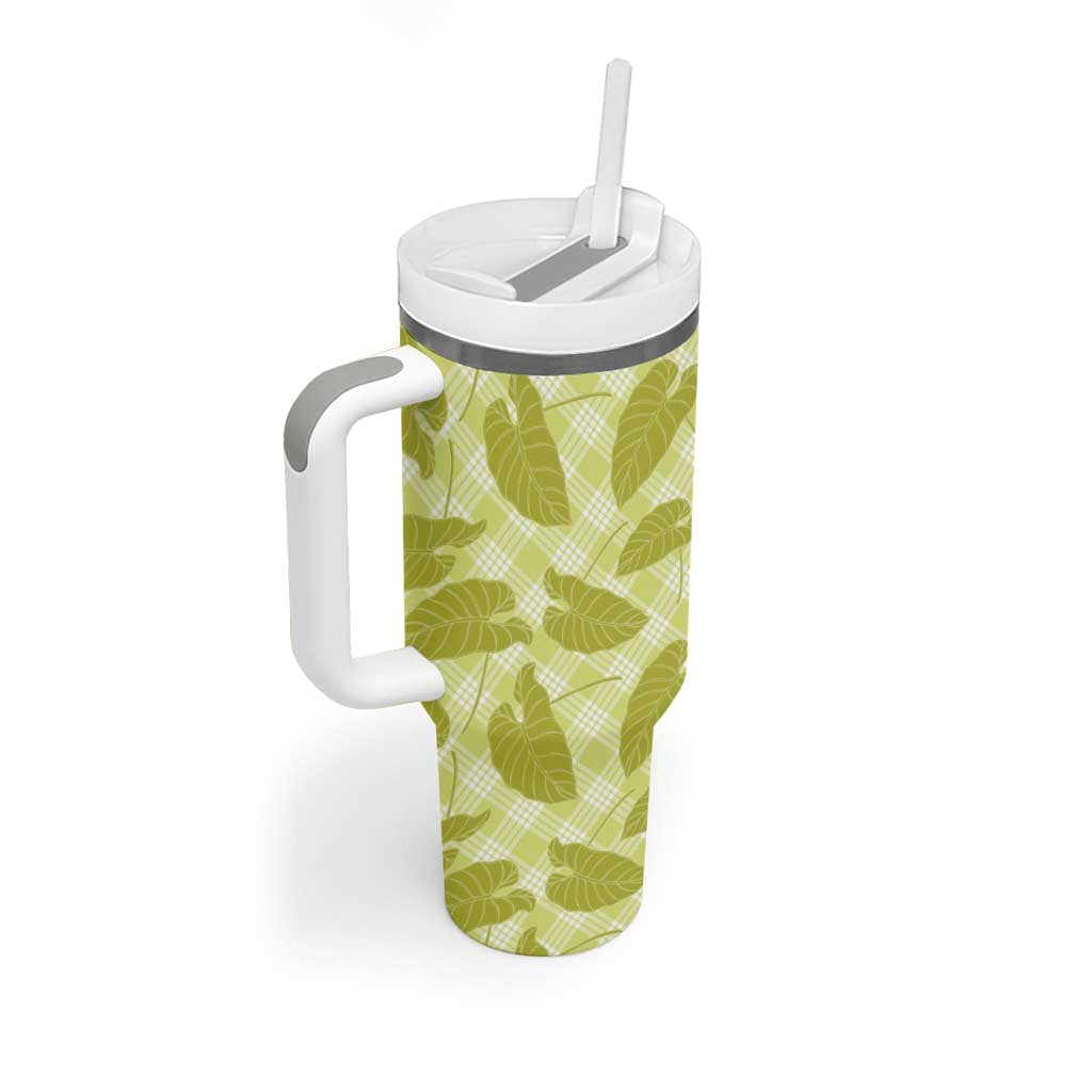 Lime Green Hawaii Kalo Palaka Motifs Tumbler With Handle Hawaiian Taro Leaves Elegant Vibes - Polynesian Pride