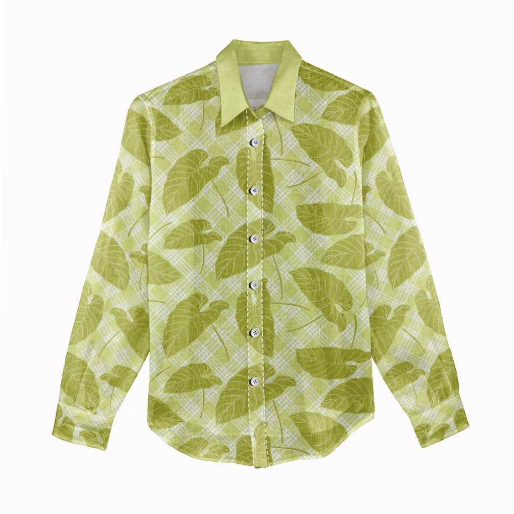 Lime Green Hawaii Kalo Palaka Motifs Women Casual Shirt Hawaiian Taro Leaves Elegant Vibes - Polynesian Pride