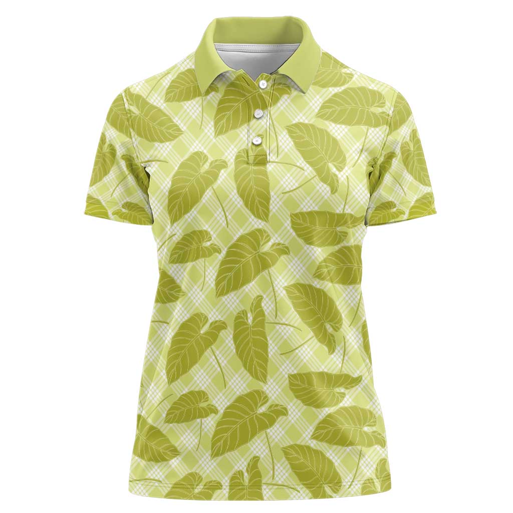 Lime Green Hawaii Kalo Palaka Motifs Women Polo Shirt Hawaiian Taro Leaves Elegant Vibes - Polynesian Pride