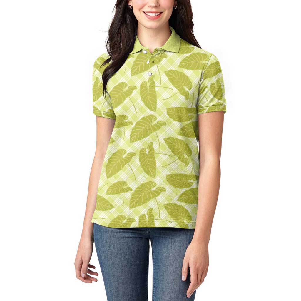 Lime Green Hawaii Kalo Palaka Motifs Women Polo Shirt Hawaiian Taro Leaves Elegant Vibes - Polynesian Pride