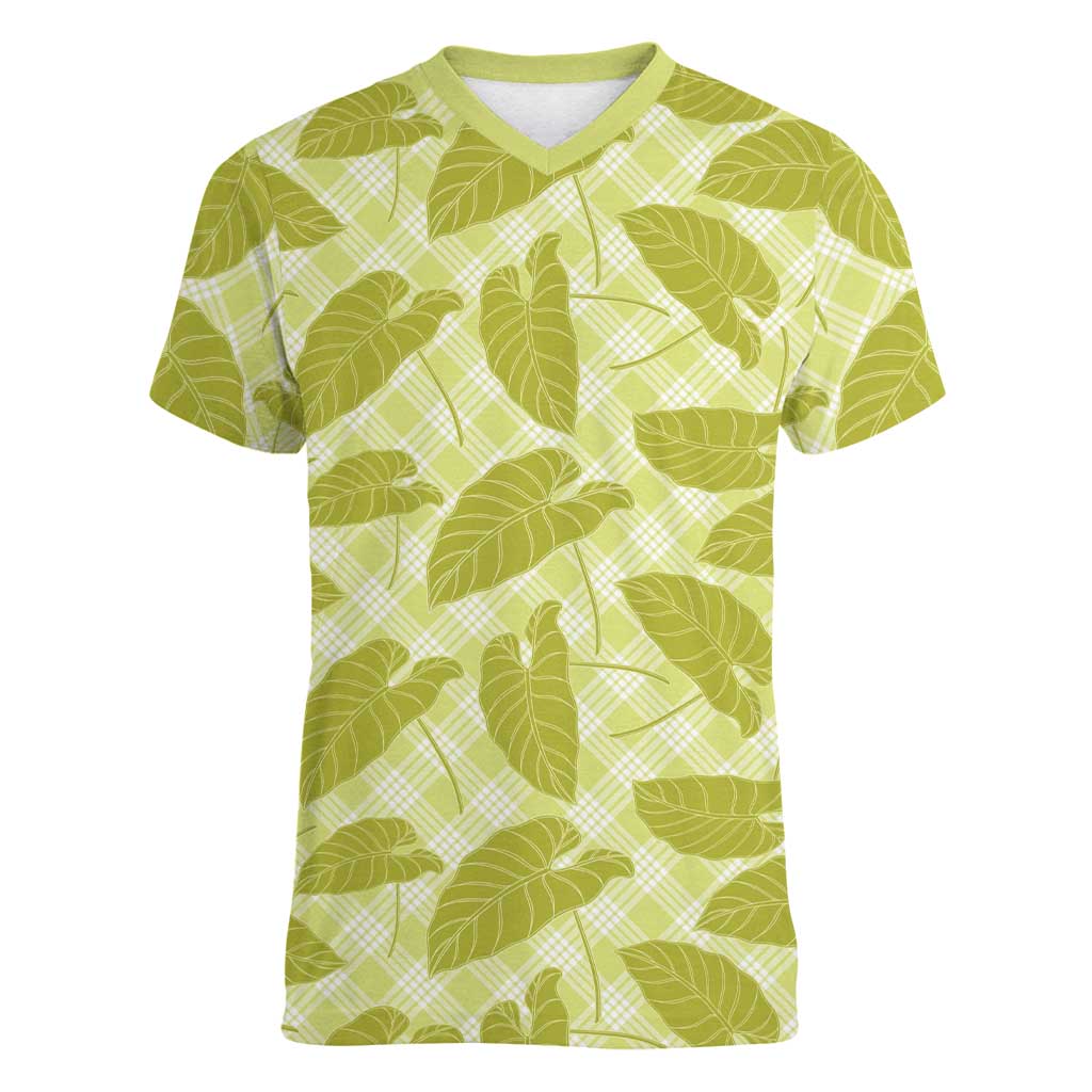 Lime Green Hawaii Kalo Palaka Motifs Women V-Neck T-Shirt Hawaiian Taro Leaves Elegant Vibes - Polynesian Pride