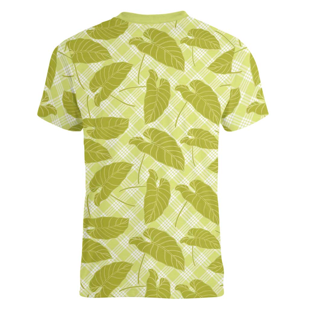 Lime Green Hawaii Kalo Palaka Motifs Women V-Neck T-Shirt Hawaiian Taro Leaves Elegant Vibes - Polynesian Pride