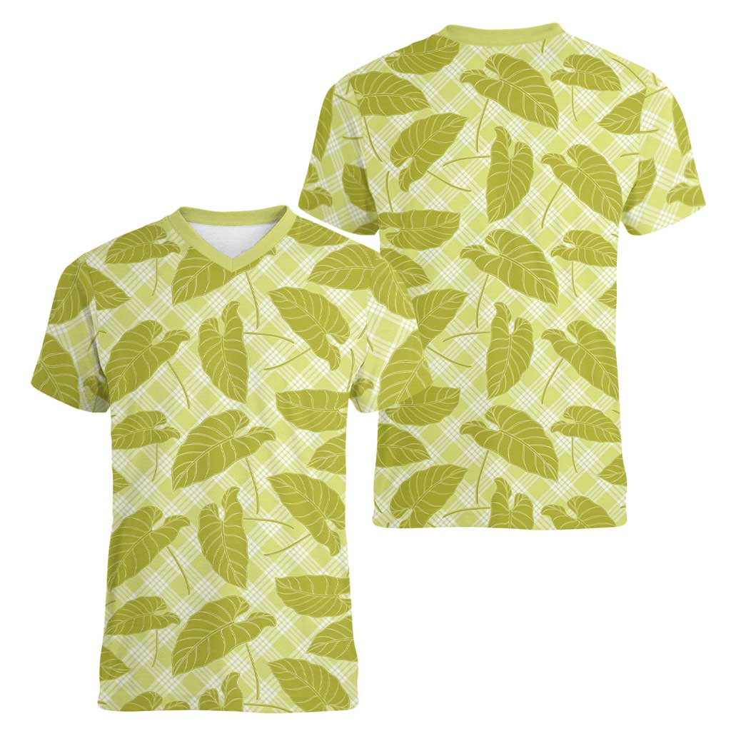 Lime Green Hawaii Kalo Palaka Motifs Women V-Neck T-Shirt Hawaiian Taro Leaves Elegant Vibes - Polynesian Pride