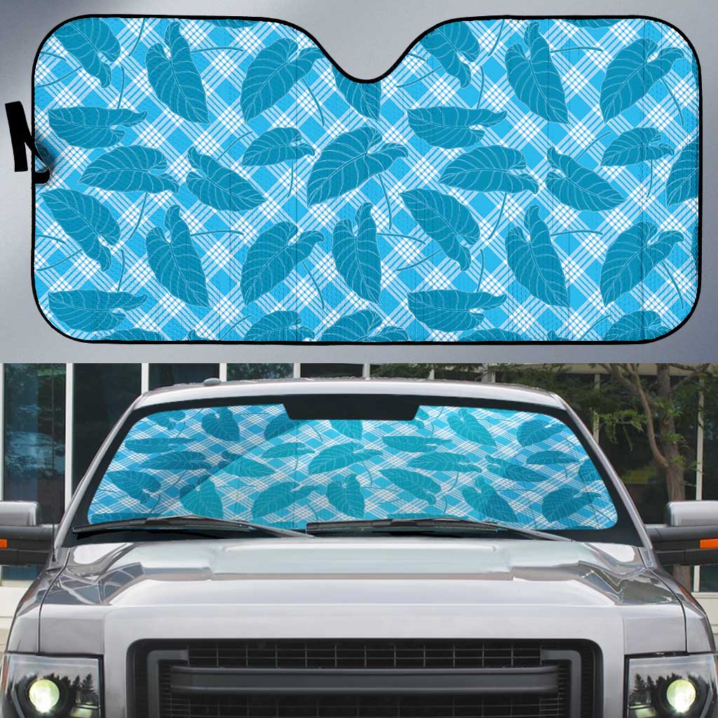 Blue Hawaii Kalo Palaka Motifs Auto Sun Shade Hawaiian Taro Leaves Elegant Vibes - Polynesian Pride