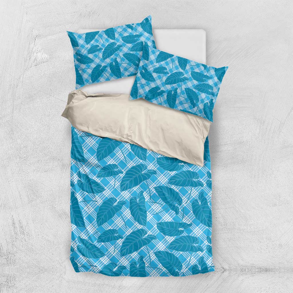 Blue Hawaii Kalo Palaka Motifs Bedding Set Hawaiian Taro Leaves Elegant Vibes - Polynesian Pride